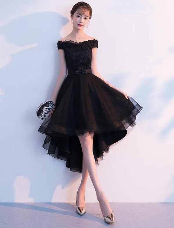 Black Tulle Lace Off Shoulder Homecoming Dress, High Low Fashionable Prom Dress