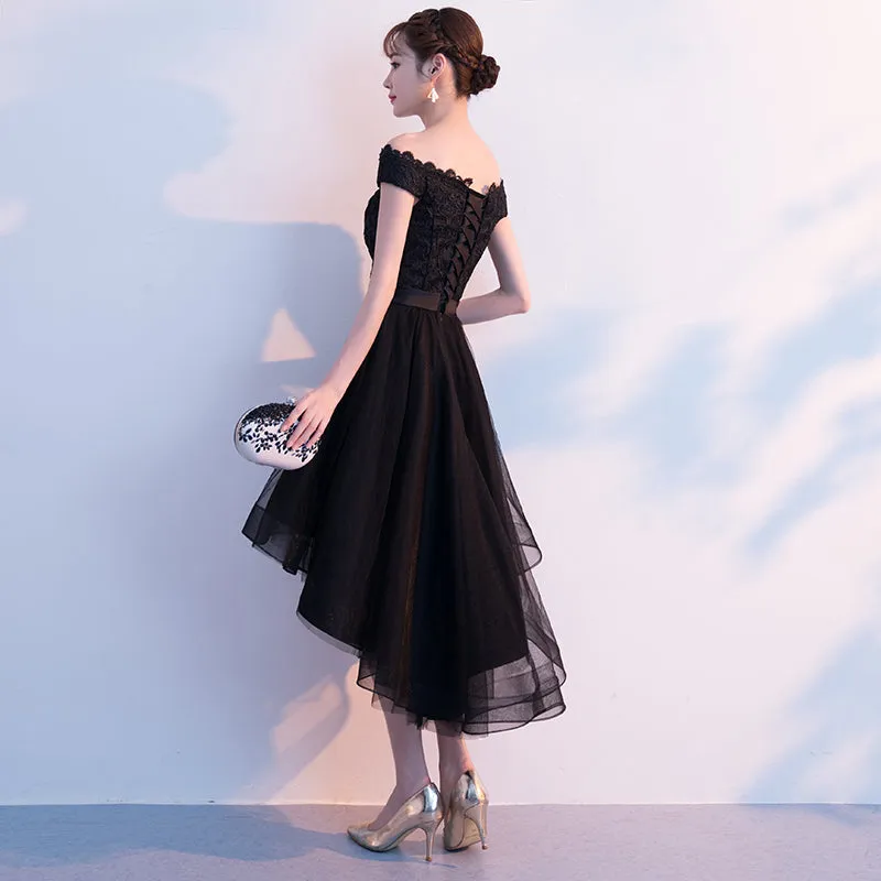 Black Tulle Lace Off Shoulder Homecoming Dress, High Low Fashionable Prom Dress
