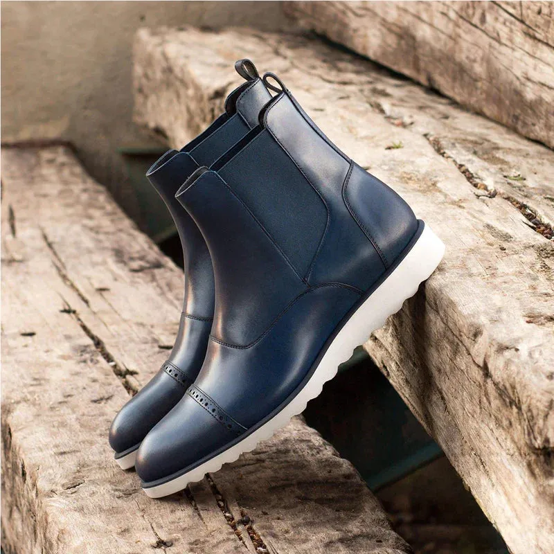 Blue Leather  Toe Cap Slip-On Chelsea Boots Sneakers Sole - Boots