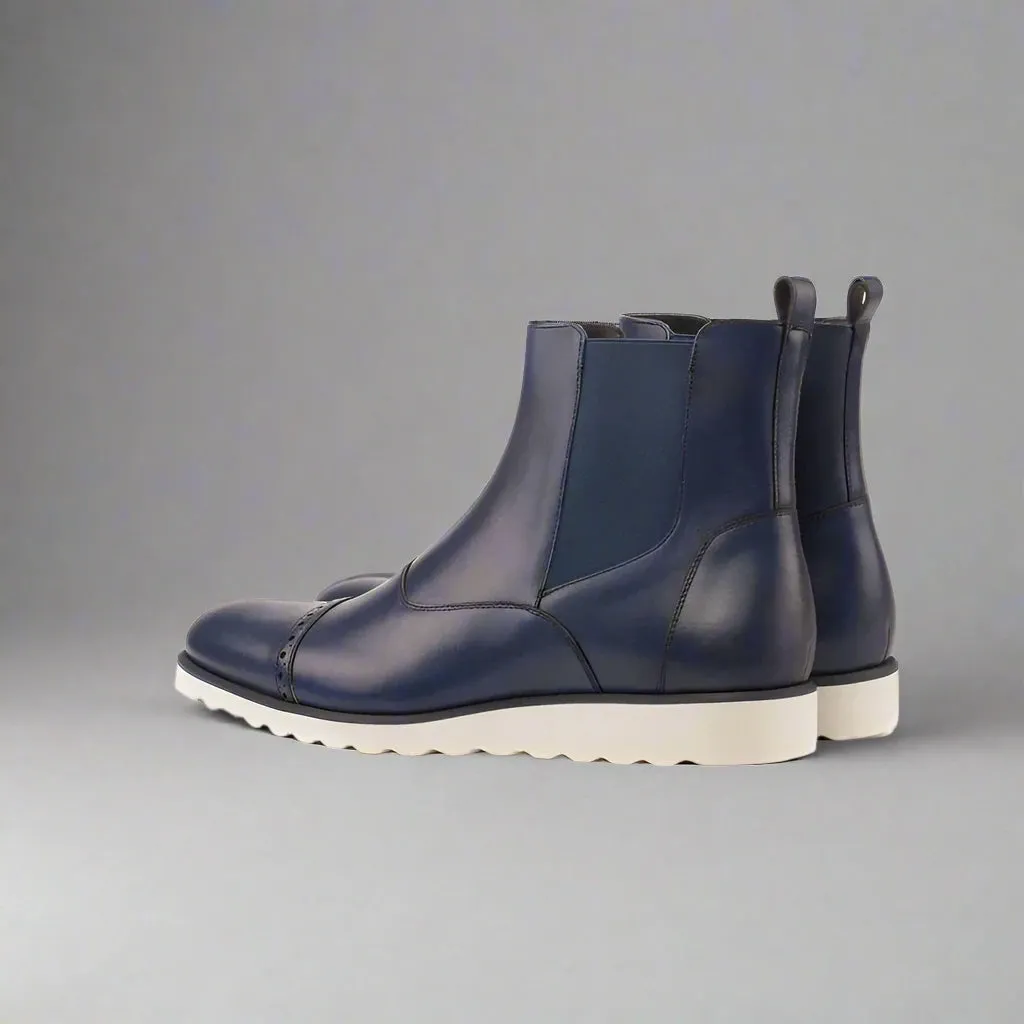 Blue Leather  Toe Cap Slip-On Chelsea Boots Sneakers Sole - Boots