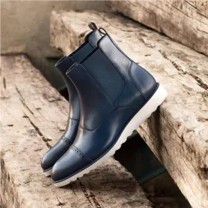 Blue Leather  Toe Cap Slip-On Chelsea Boots Sneakers Sole - Boots