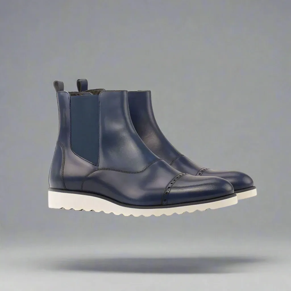Blue Leather  Toe Cap Slip-On Chelsea Boots Sneakers Sole - Boots