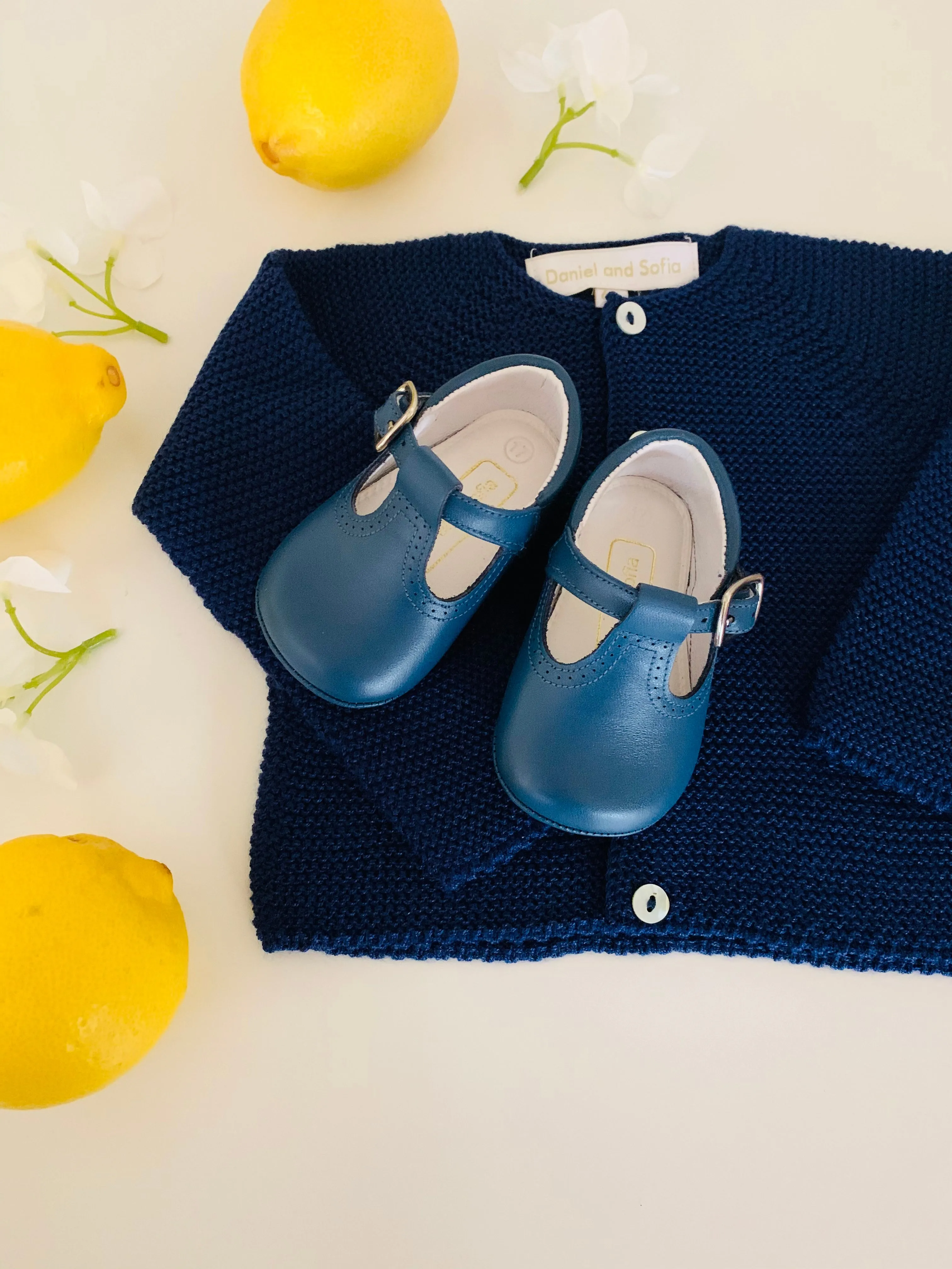 Blue pram T-bar shoes