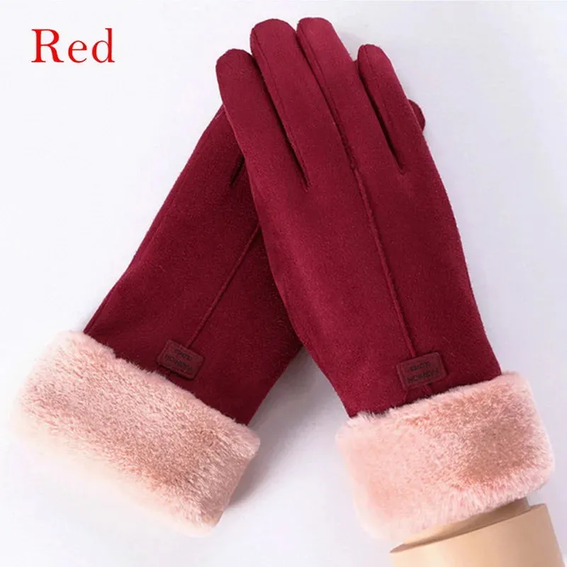 Fashionable Plush Winter Gloves for Women - Full Finger Mittens with Furry Warmth
