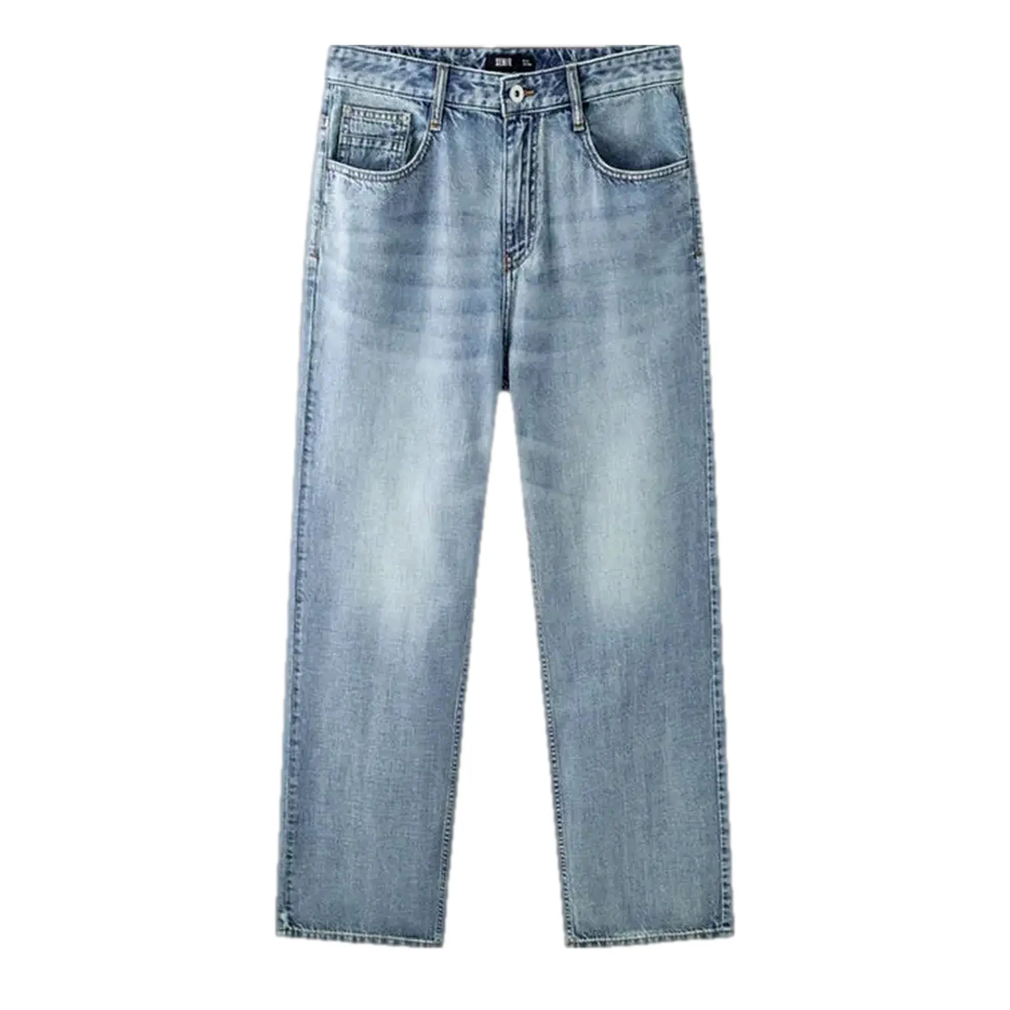 Fashionable whiskered straight fit men's jeans