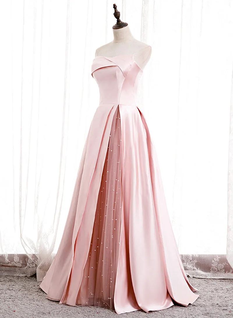 Pink Satin with Tulle A-line Floor Legnth Prom Dress, Fashionable Pink Party Dress
