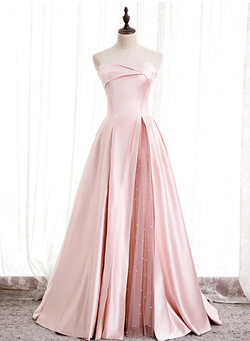 Pink Satin with Tulle A-line Floor Legnth Prom Dress, Fashionable Pink Party Dress
