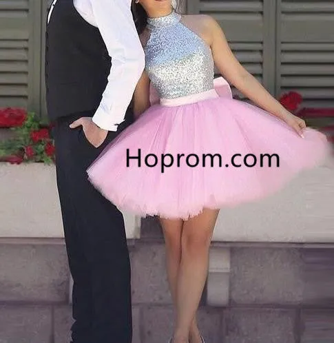 Sequins Sexy Tulle Homehoming Dress, Pink Halter Homehoming Dress