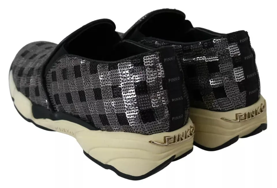 Silver Black Slip-on Sequence Design Sneakers Shoes