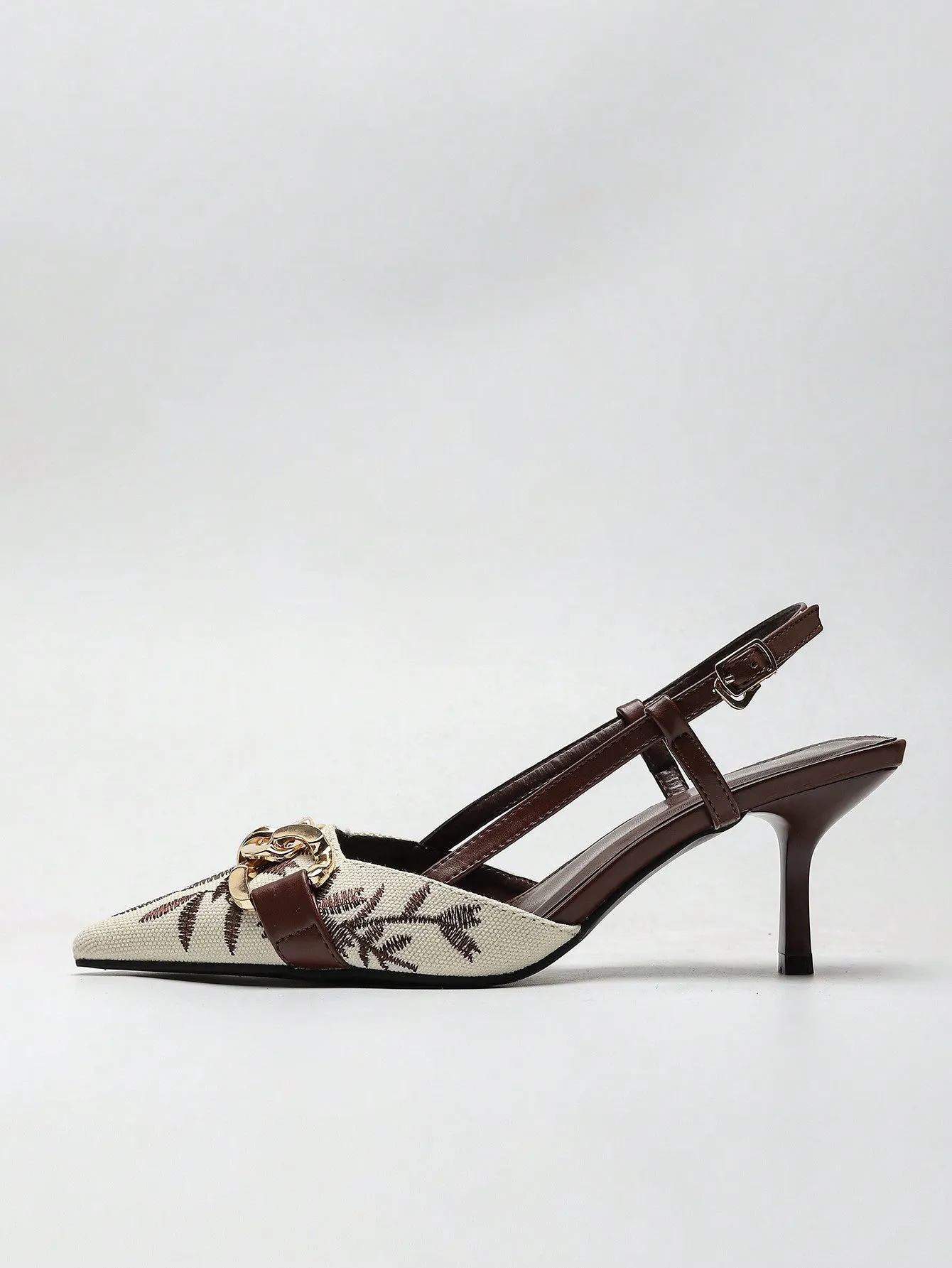 Women Floral Embroidered Chain Decor Pumps, Polyester Slingback Stiletto Heeled Fashionable Pumps Beige