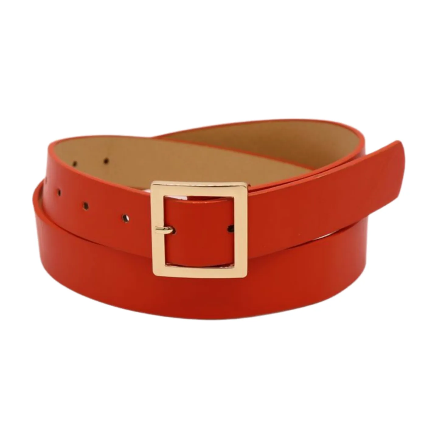 Women Orange Faux Leather Skinny Band Classic Belt Gold Metal Square Buckle M L