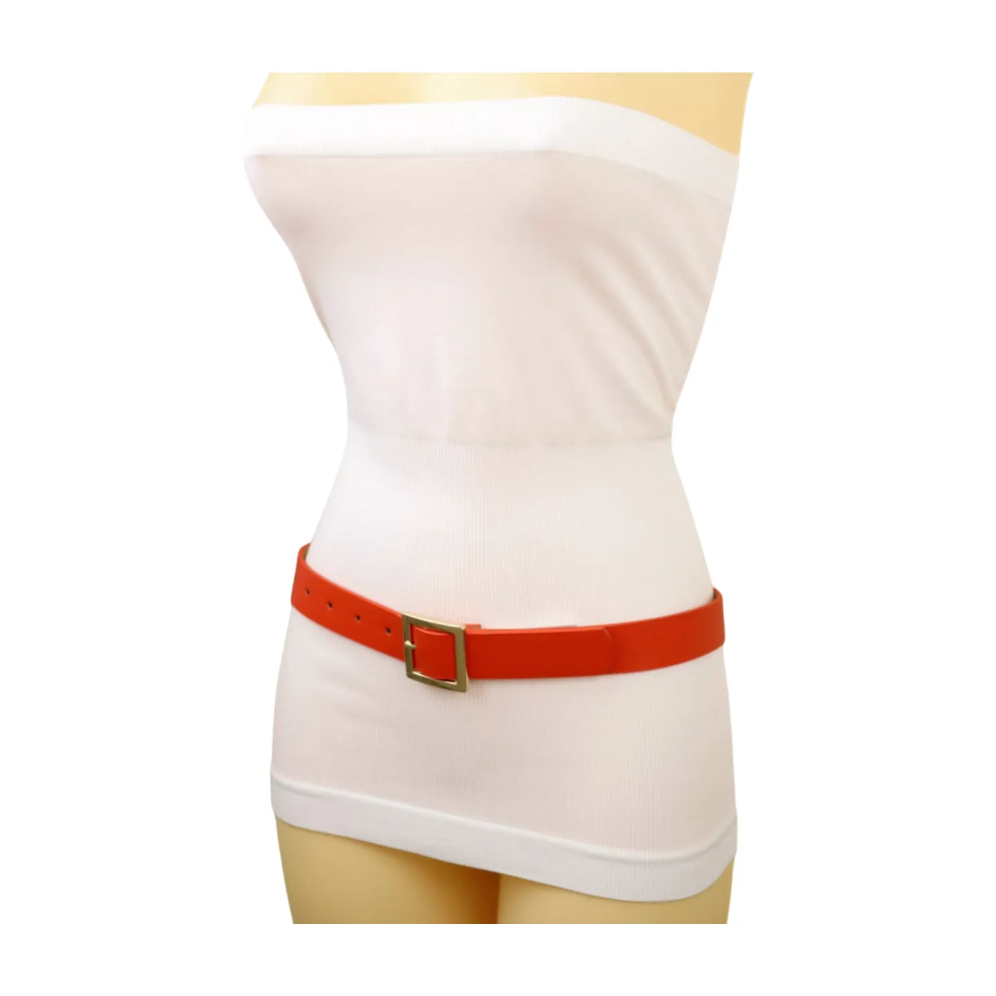 Women Orange Faux Leather Skinny Band Classic Belt Gold Metal Square Buckle M L