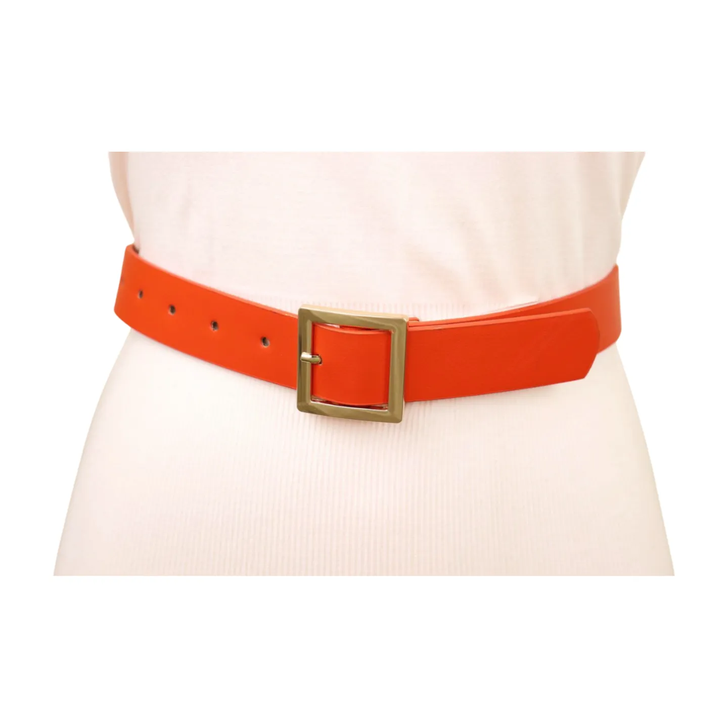 Women Orange Faux Leather Skinny Band Classic Belt Gold Metal Square Buckle M L