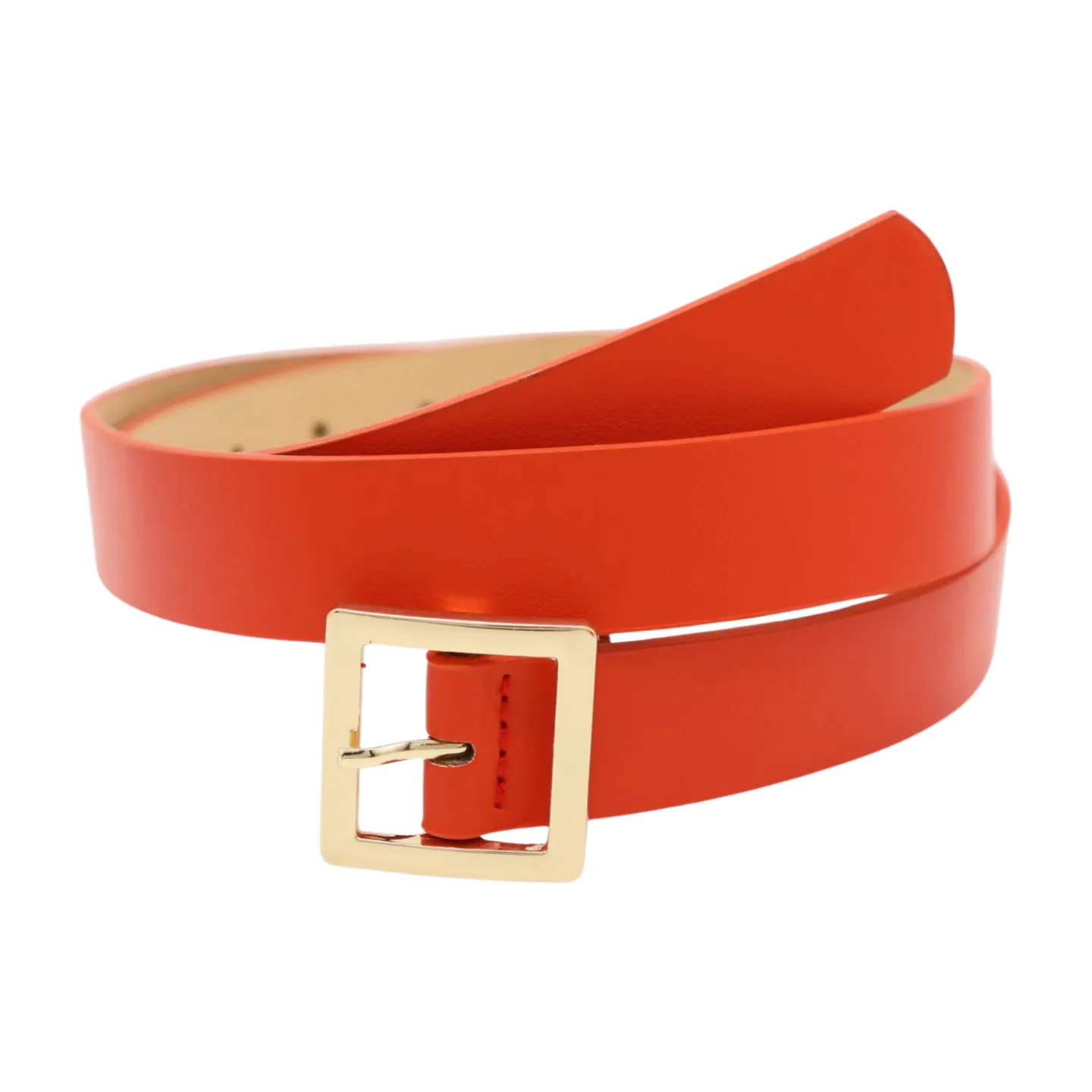 Women Orange Faux Leather Skinny Band Classic Belt Gold Metal Square Buckle M L