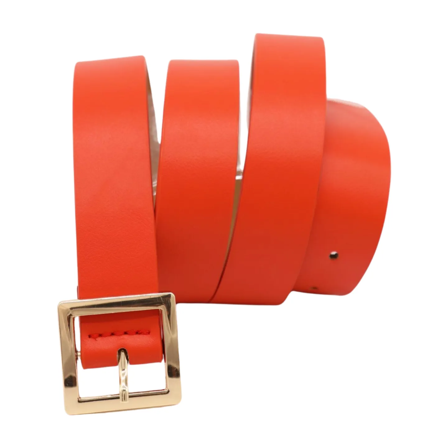Women Orange Faux Leather Skinny Band Classic Belt Gold Metal Square Buckle M L