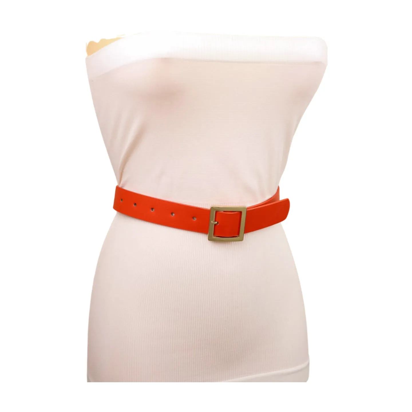 Women Orange Faux Leather Skinny Band Classic Belt Gold Metal Square Buckle M L