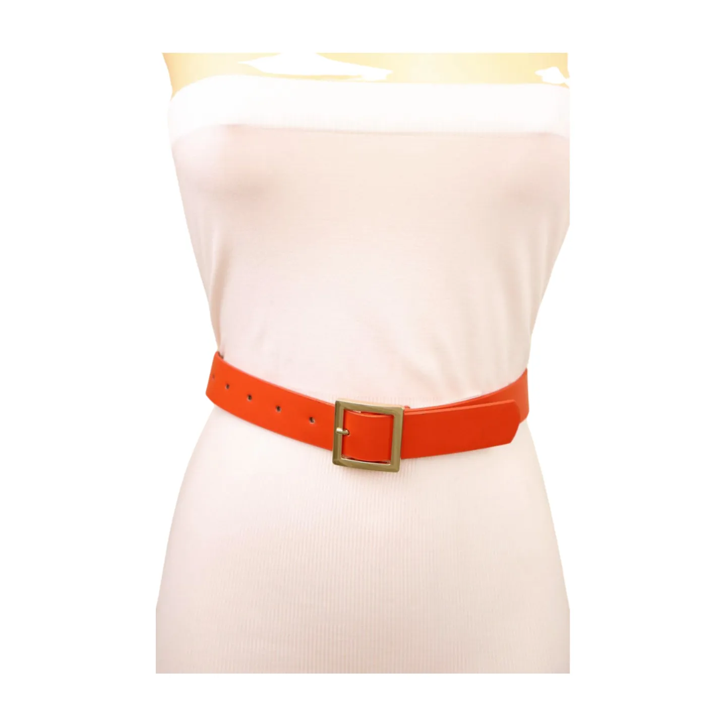 Women Orange Faux Leather Skinny Band Classic Belt Gold Metal Square Buckle M L