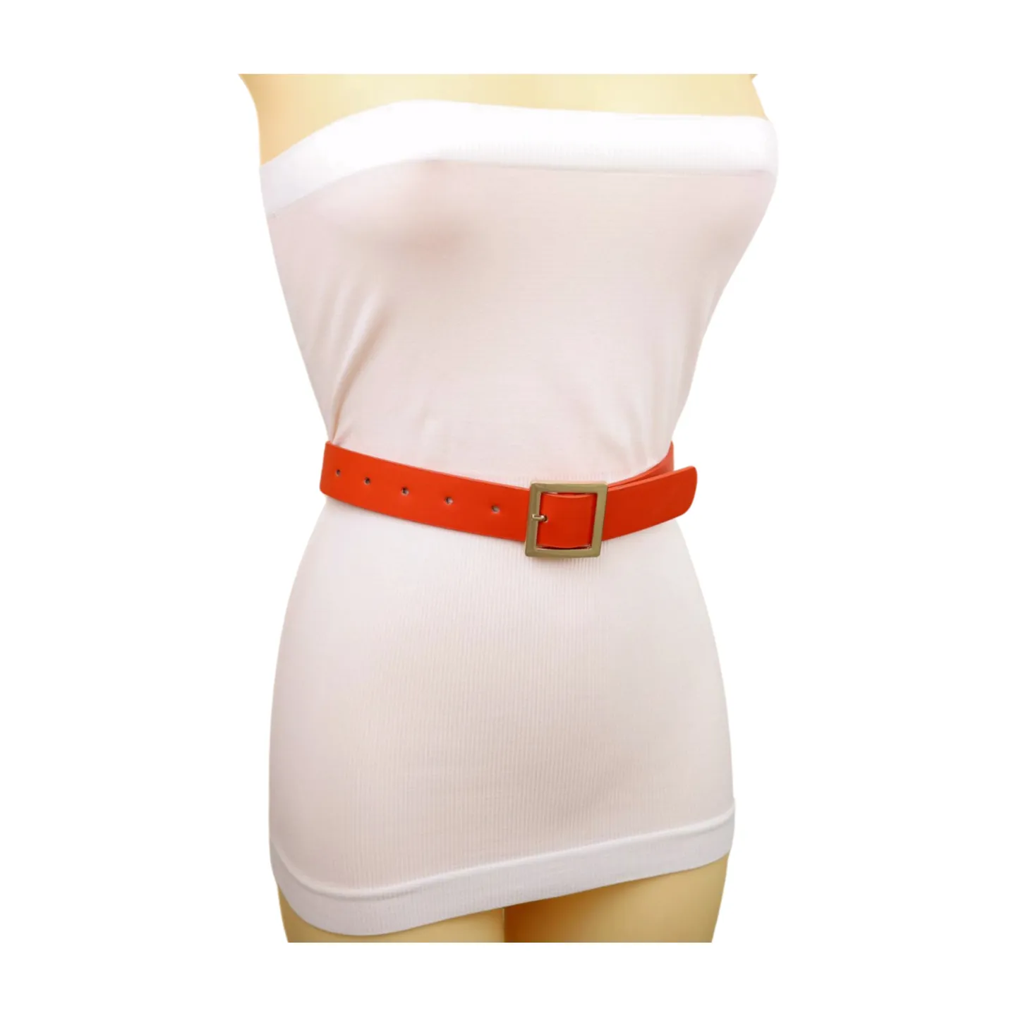 Women Orange Faux Leather Skinny Band Classic Belt Gold Metal Square Buckle M L