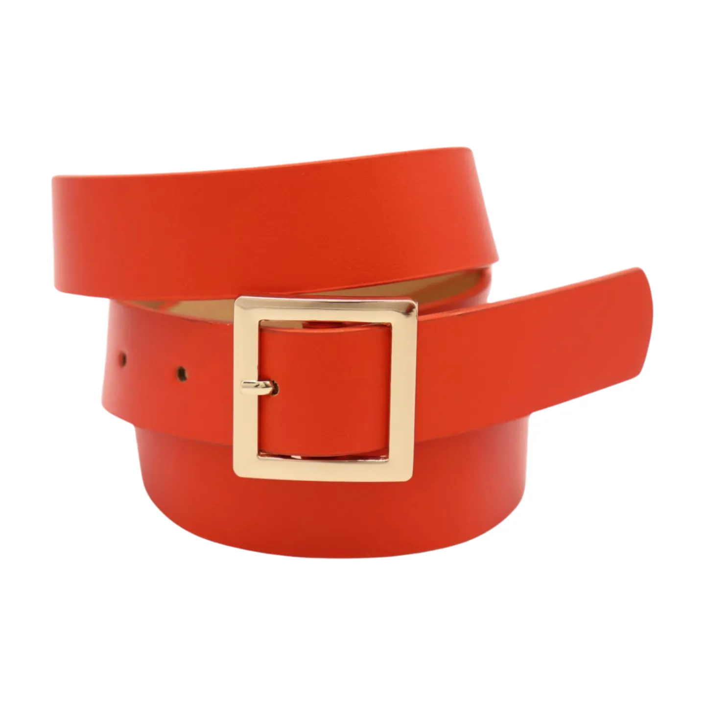 Women Orange Faux Leather Skinny Band Classic Belt Gold Metal Square Buckle M L