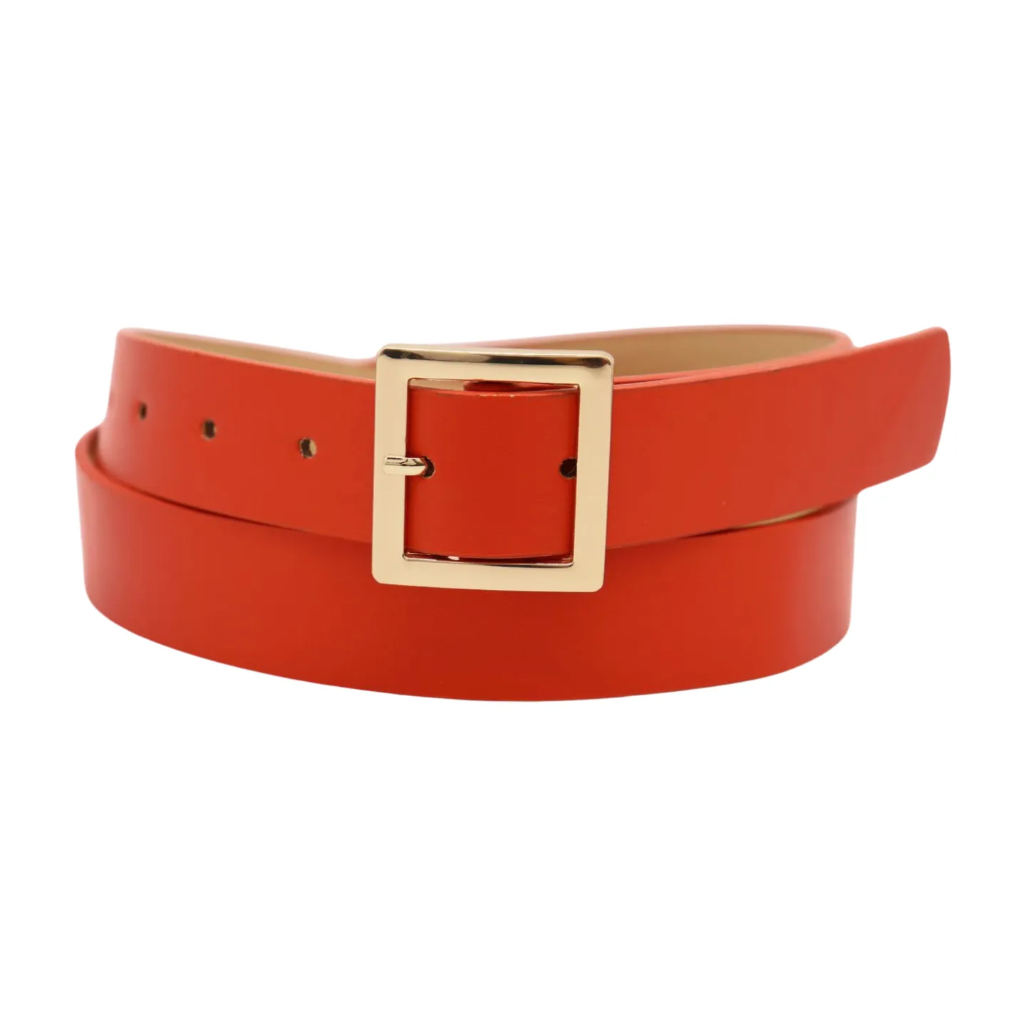 Women Orange Faux Leather Skinny Band Classic Belt Gold Metal Square Buckle M L