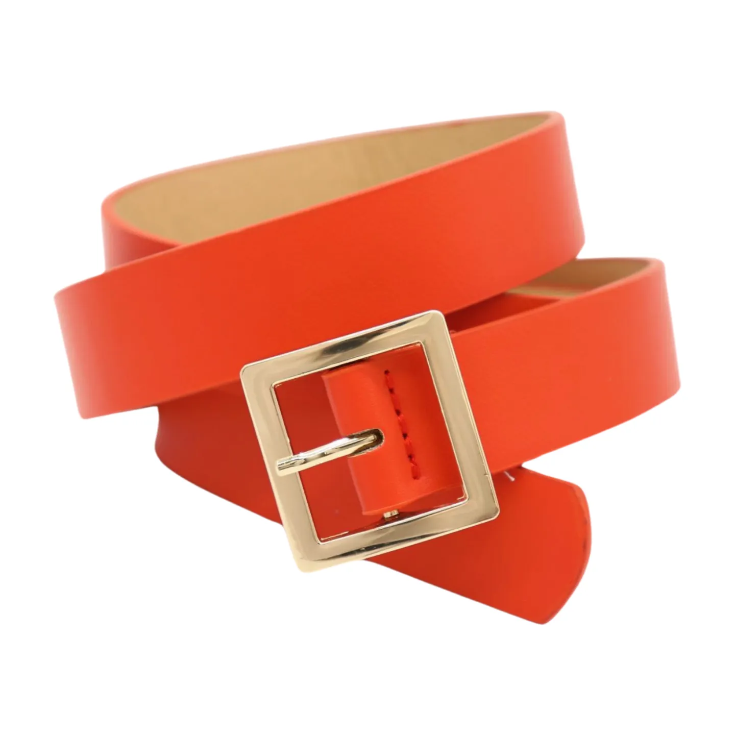 Women Orange Faux Leather Skinny Band Classic Belt Gold Metal Square Buckle M L