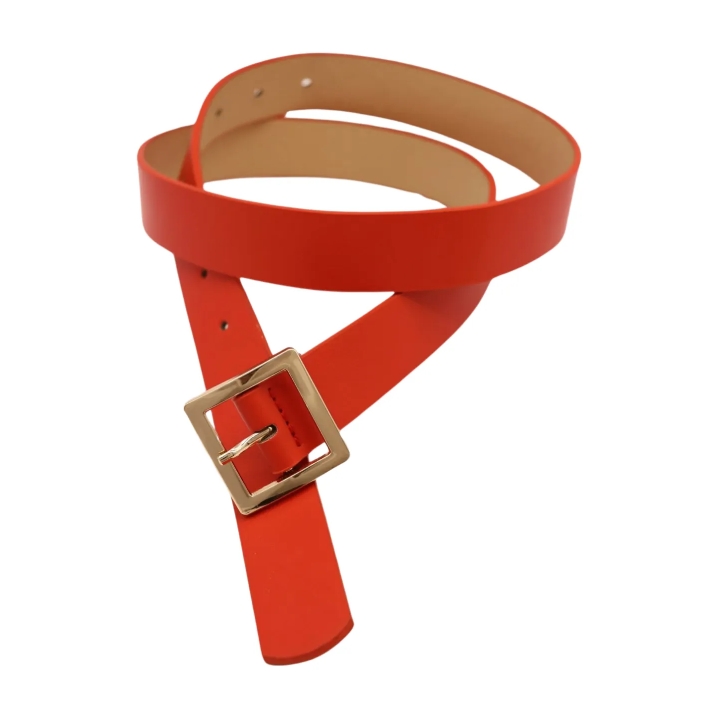 Women Orange Faux Leather Skinny Band Classic Belt Gold Metal Square Buckle M L