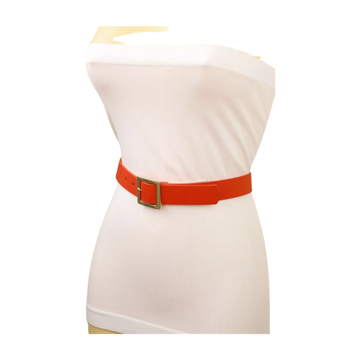 Women Orange Faux Leather Skinny Band Classic Belt Gold Metal Square Buckle M L