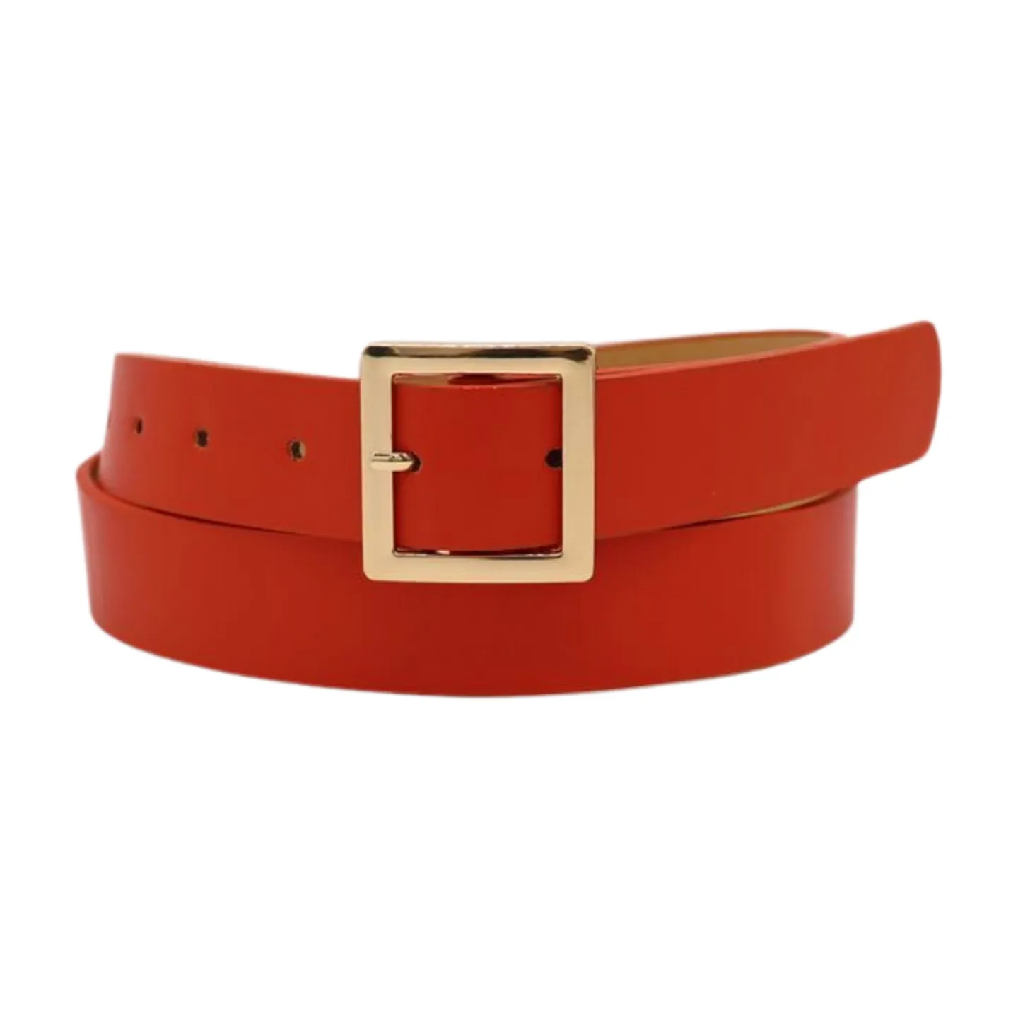 Women Orange Faux Leather Skinny Band Classic Belt Gold Metal Square Buckle M L