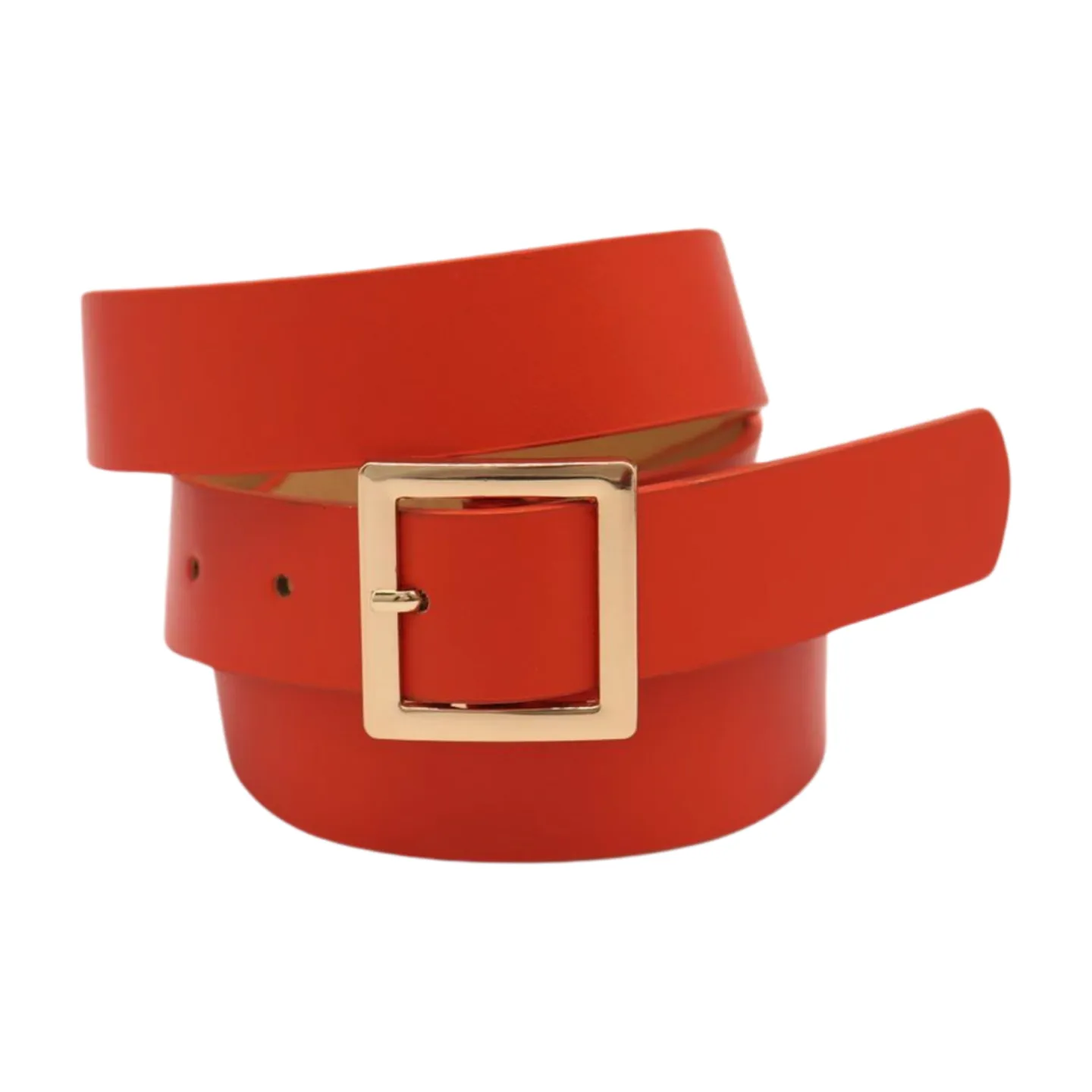 Women Orange Faux Leather Skinny Band Classic Belt Gold Metal Square Buckle M L