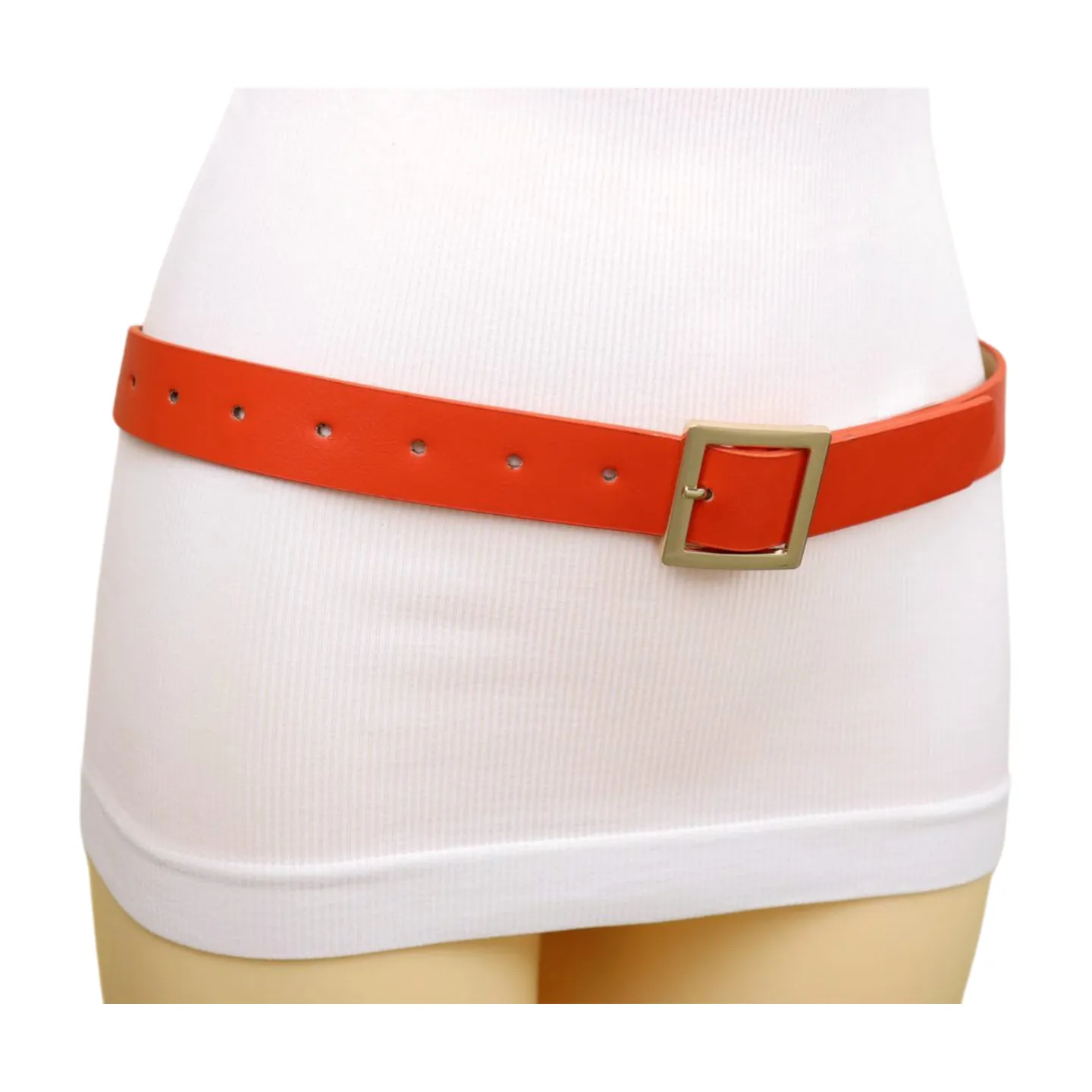 Women Orange Faux Leather Skinny Band Classic Belt Gold Metal Square Buckle M L
