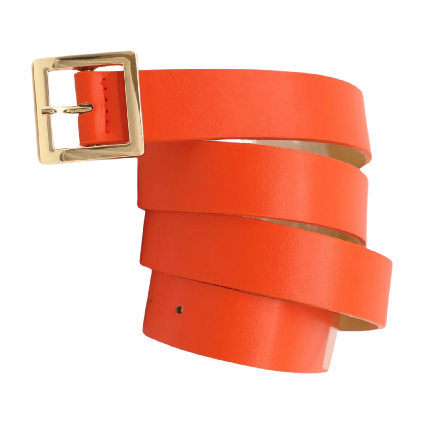Women Orange Faux Leather Skinny Band Classic Belt Gold Metal Square Buckle M L