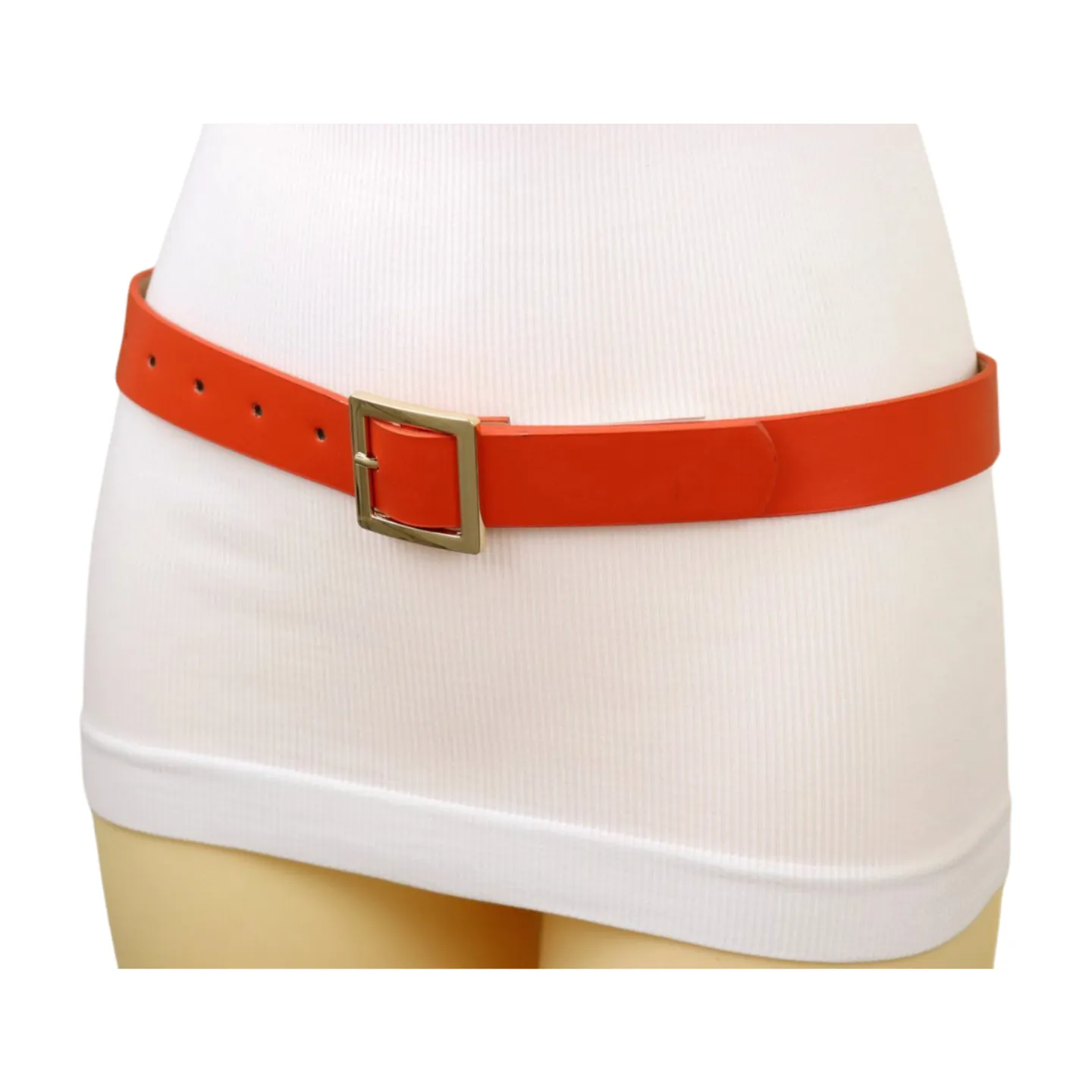Women Orange Faux Leather Skinny Band Classic Belt Gold Metal Square Buckle M L