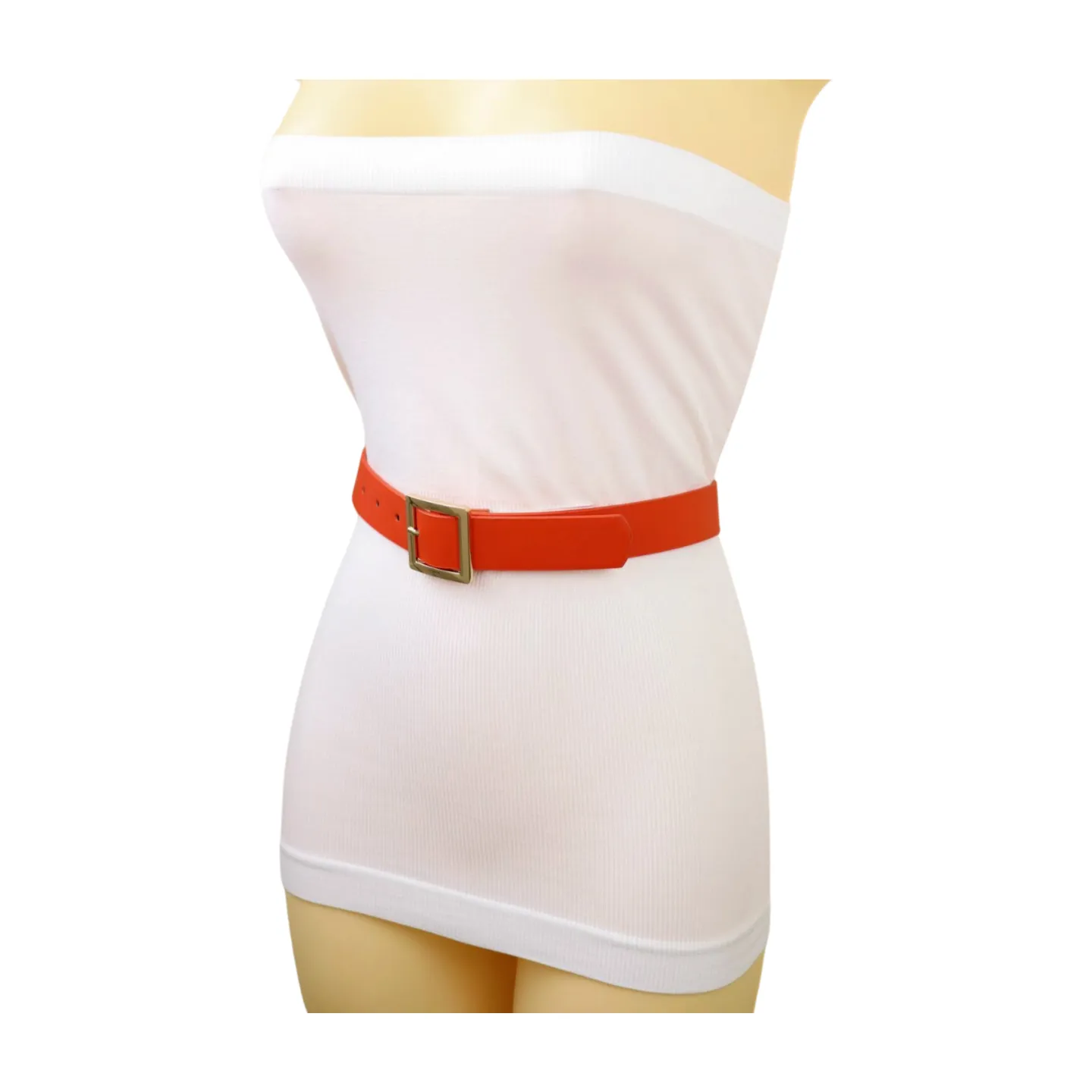 Women Orange Faux Leather Skinny Band Classic Belt Gold Metal Square Buckle M L