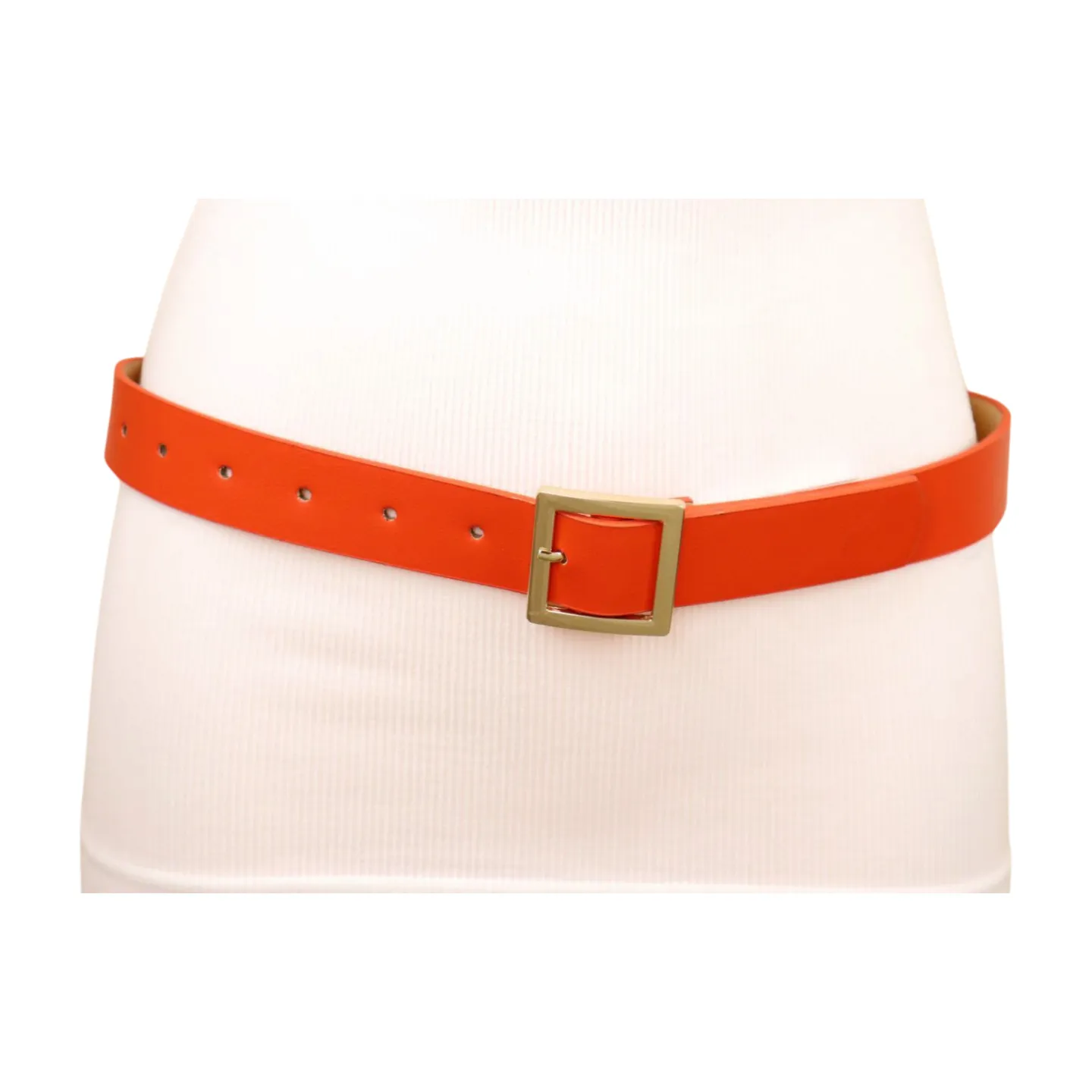 Women Orange Faux Leather Skinny Band Classic Belt Gold Metal Square Buckle M L