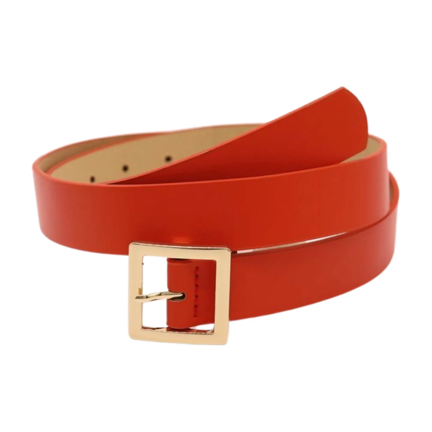 Women Orange Faux Leather Skinny Band Classic Belt Gold Metal Square Buckle M L
