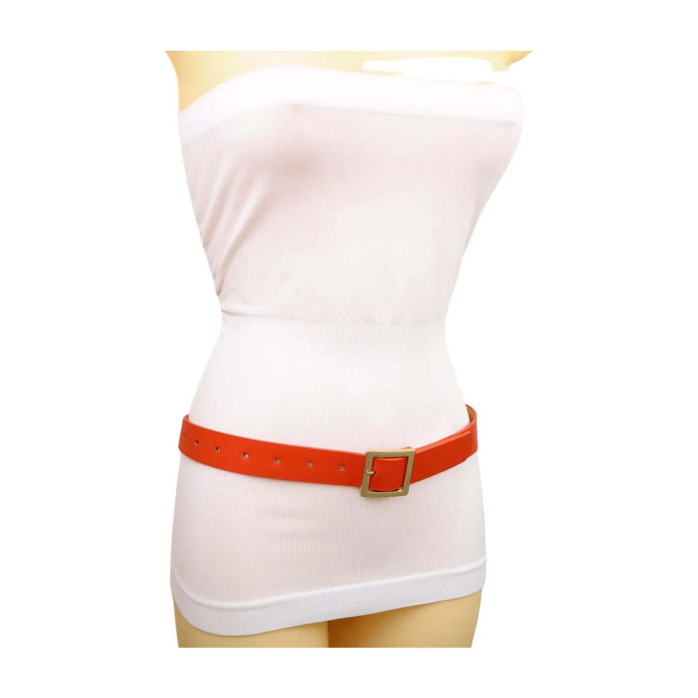 Women Orange Faux Leather Skinny Band Classic Belt Gold Metal Square Buckle M L